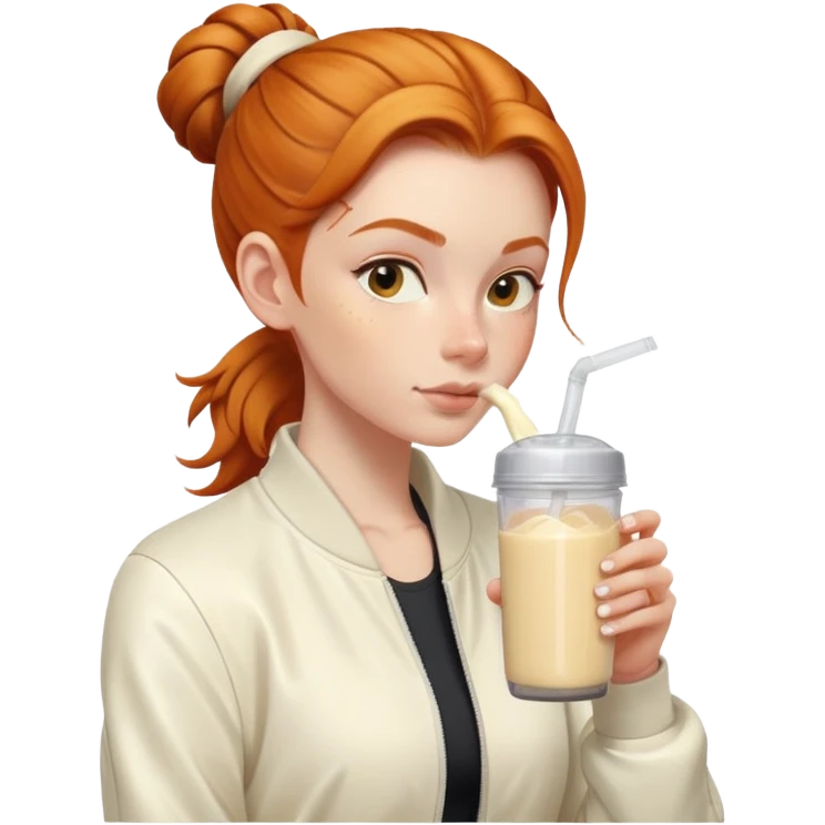 Ginger girl with cream jacket drinking pre workout shake middle part slick back bun emoji