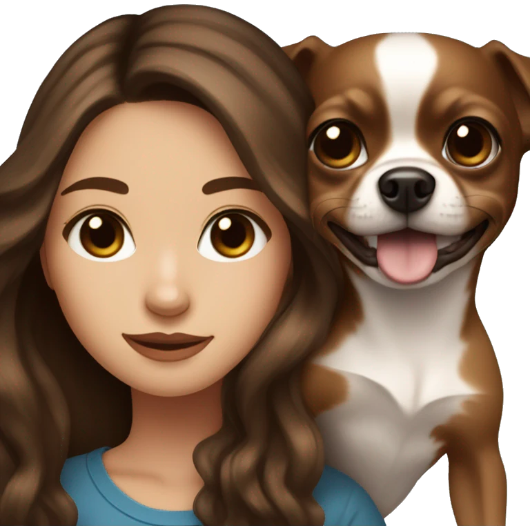 Pretty girl with long wavy brown hair, blue eyes, holding a black and brown short hair chihuahua emoji