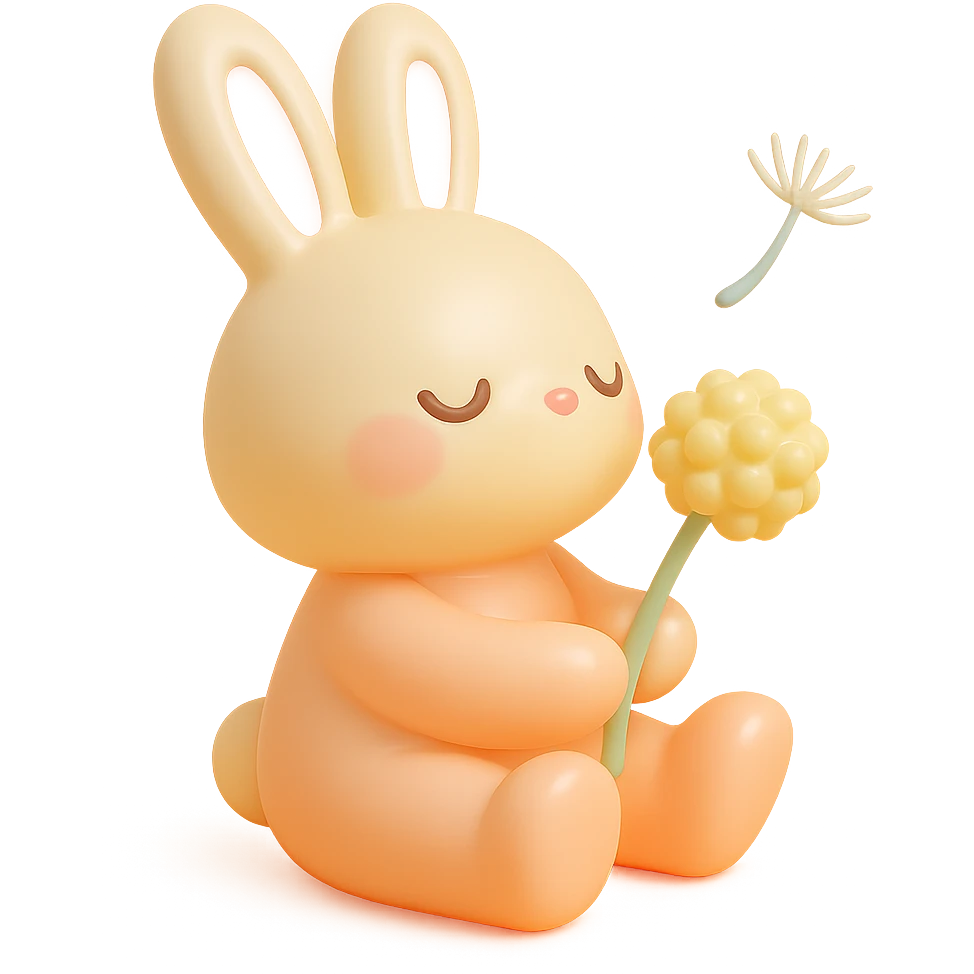 bunny holding a dandelion in the breeze, gentle spring vibe, soft pastel colors, vinyl figure style emoji