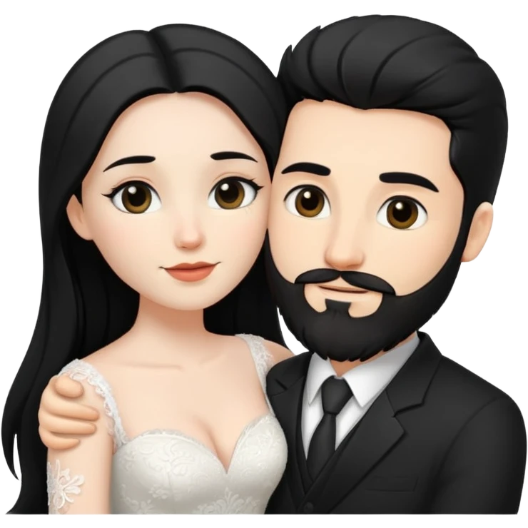 couple of newlyweds hugging, white skin man with black hair and beard; white skin woman with long black hair and black eyes emoji