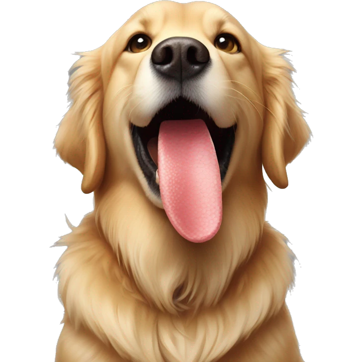 The face of a golden retriever with a dinosaur plushie in his mouth emoji
