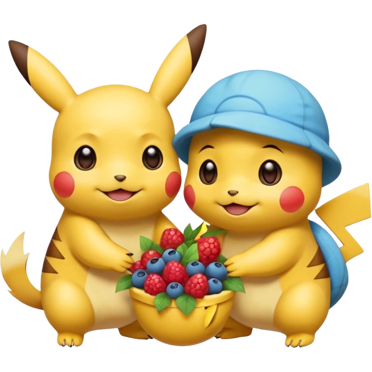 Two Pokémon are playing in a field. Pikachu has many berries, but Squirtle has none. Pikachu sees this is unfair, so he shares the berries with Squirtle. They smile and eat together. Show this as a cute Pokémon emoji scene about justice and fairness. emoji