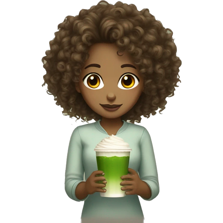 Brown girl curly hair brown eyes, white skin with glass of matcha emoji