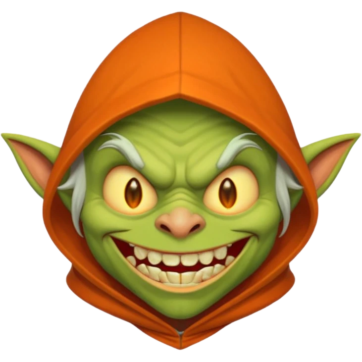 Hobgoblin-style goblin face emoji, orange hood, evil grin, sharp teeth, expressive Apple-style emoji emoji