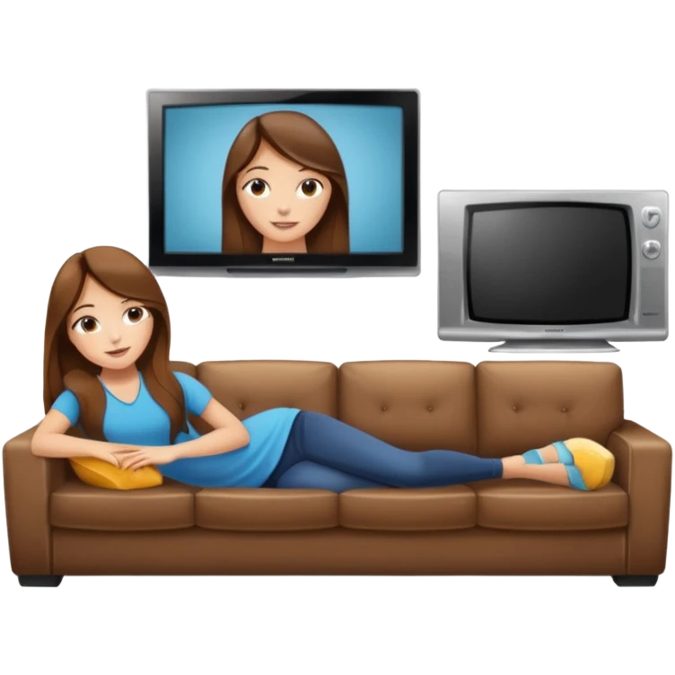 beautiful girl with long brown hair constructing new lounge room area with flat screen tv and couch emoji