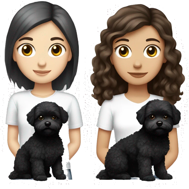 Caucasian Brunette girl long straight hair and hazel eyes, holding a black maltipoo with a white snout  to the side emoji