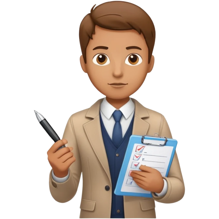 a person holding a checklist and pen, wearing smart casual clothing. The character is in a focused pose emoji