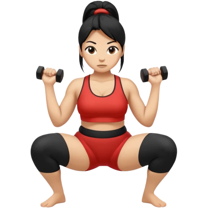 Women with long black ponytail doing a sumo squat with no weights or barbells emoji