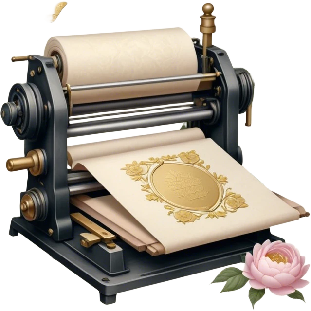 An old-fashioned letterpress printing studio, where stacks of aged parchment are printed with delicate golden floral motifs of soft pink roses and white peonies, as pearl butterflies rest gently on the warm paper.
 emoji