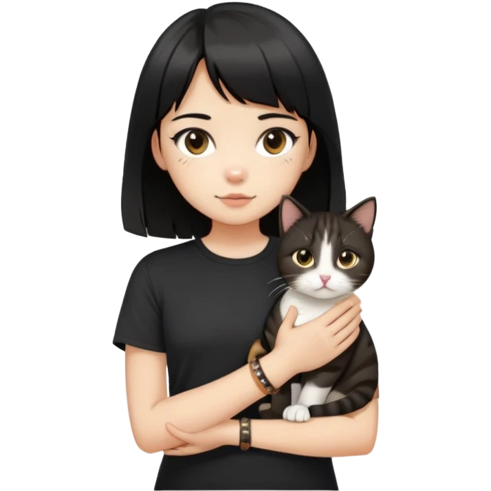 A girl with black hair and middle-parted bangs, wearing a black short-sleeved shirt, a brown bracelet on her right wrist, white skin, holding a tabby cat, the cat is standing upright emoji