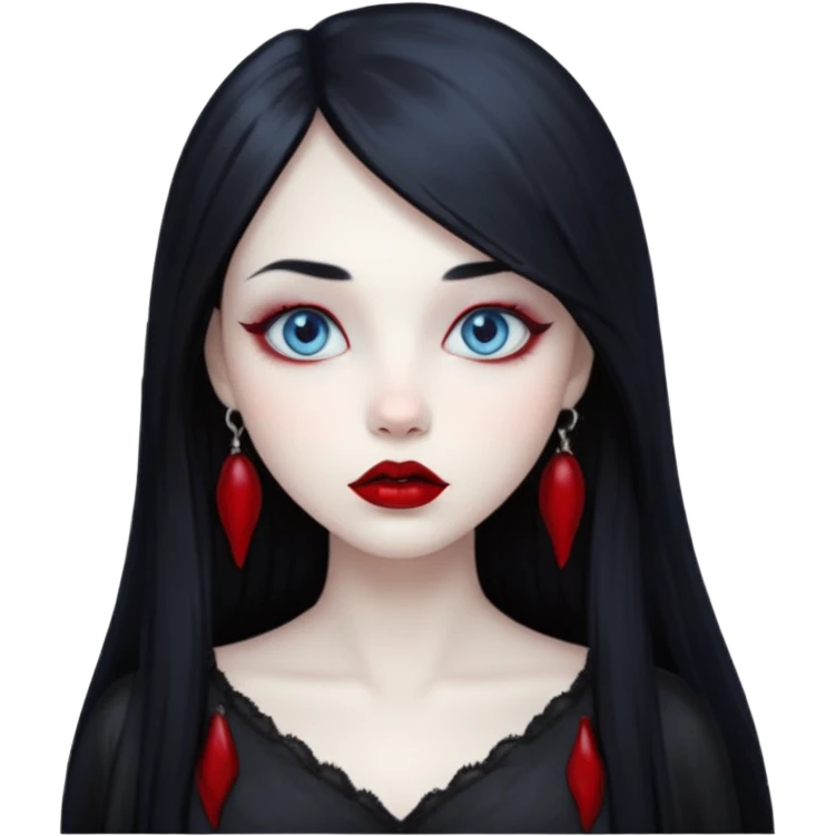 Gothic girl, pale ghost skin, light blue eyes, red round lips and long straight black hair. emoji