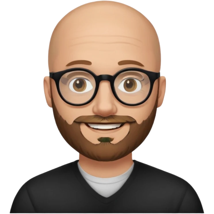 emoji 32-year-old white man, bald with a brown beard, wearing round black glasses emoji