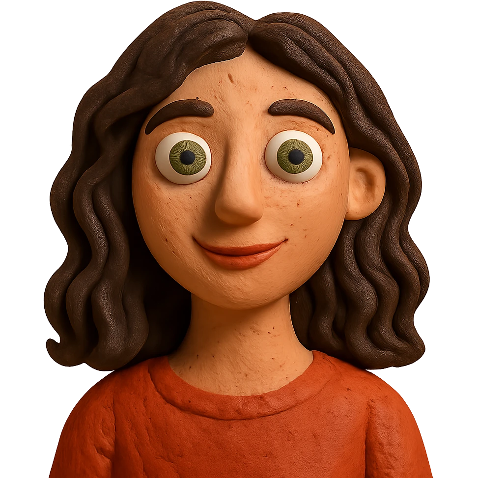 claymation style woman with wavy dark brown hair and green eyes emoji