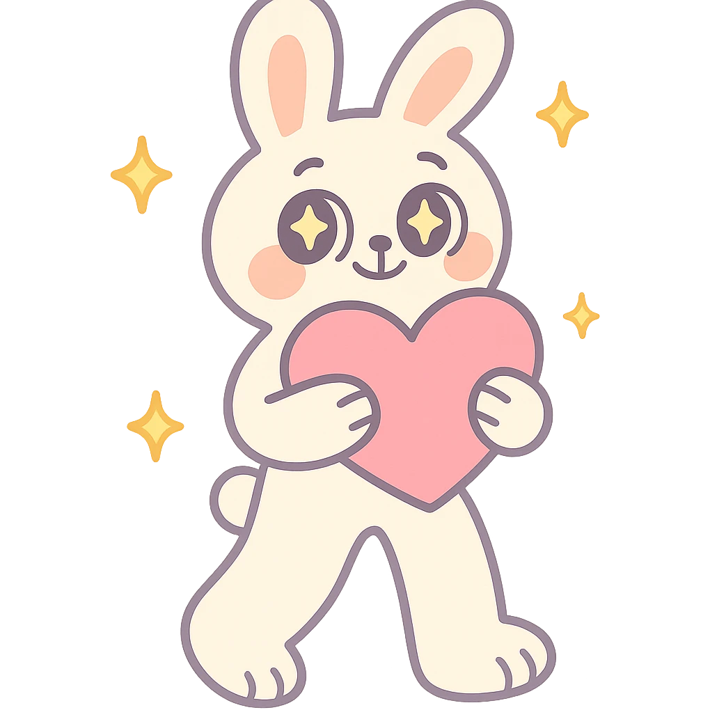 full-body milky white bunny with sparkling eyes, holding a big heart, sparkles floating around, dreamy pose, pastel-toon style emoji