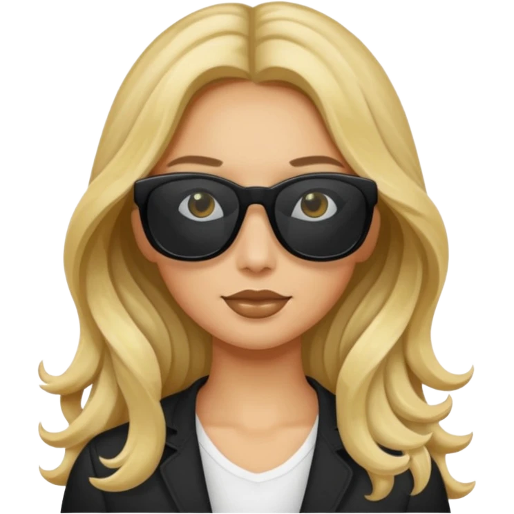 an olive tan woman with long, wavy blonde hair wearing skinny black rectangular sunglasses emoji