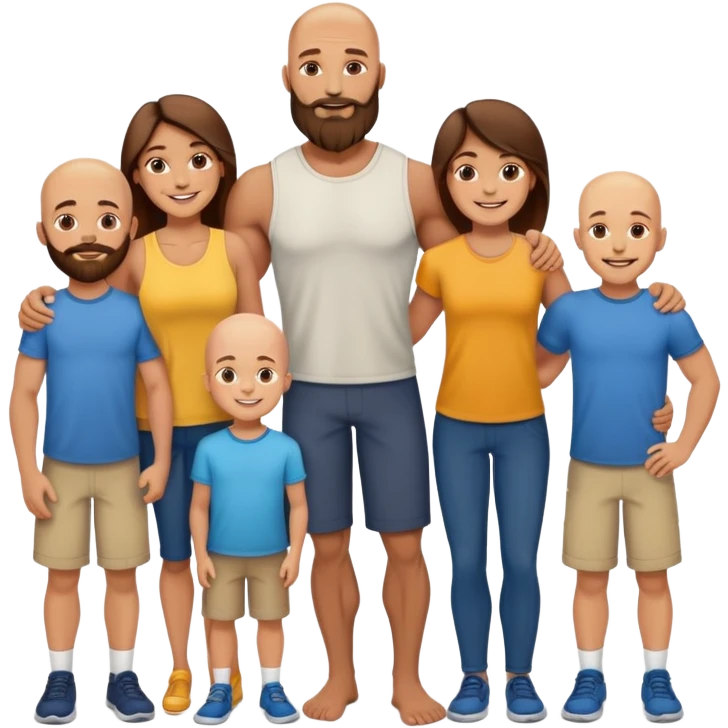 Family picture of Muscular Bald beard man with his wife long brown hair and 3 sons emoji