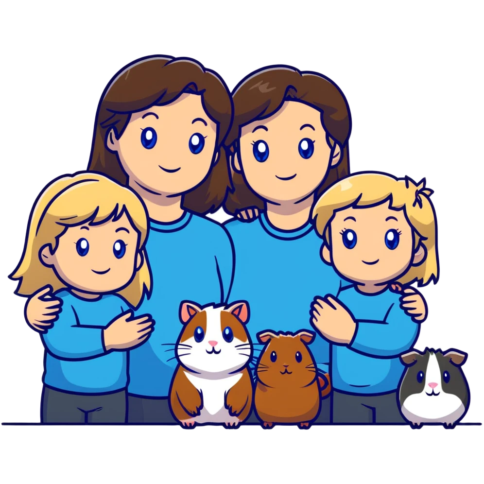 Family portrait with father with dark brown hair and blue eyes, mother with light brown hair and blue eyes, three blonde little girls with blue eyes, plus a grey cat and two guinea pigs emoji