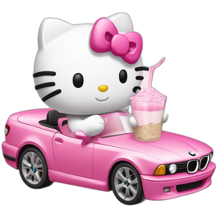 Hello Kitty drinking milk from a glass while driving a pink BMW emoji
