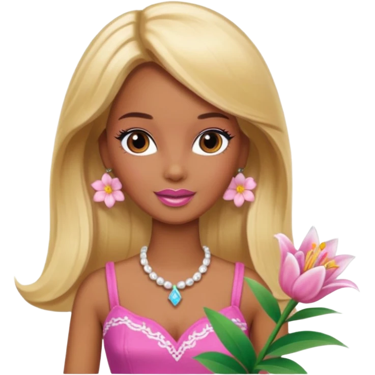 Brown skin blonde hair Barbie with flower Lilly in hair  emoji