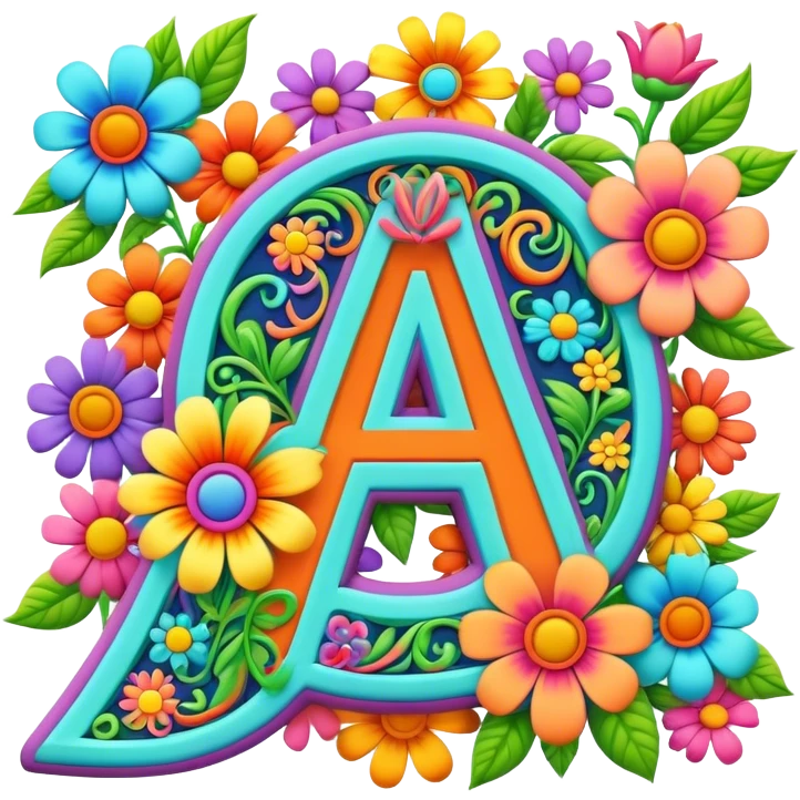 3D style, psychedelic colored Letter A with hippie style flower border emoji