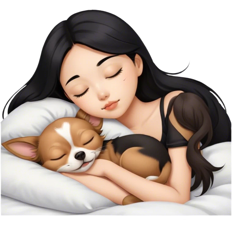 Coquette teenage cute asian black hair girl sleeping with brown longhair chihuahua  emoji