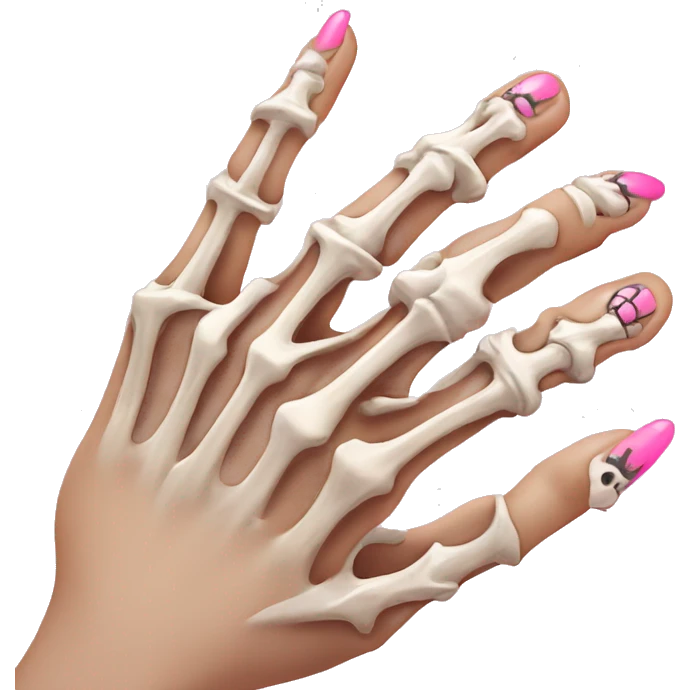 Pretty skeleton 5 fingers hand with pink nails manicure girly design but stylish minimalistic emoji