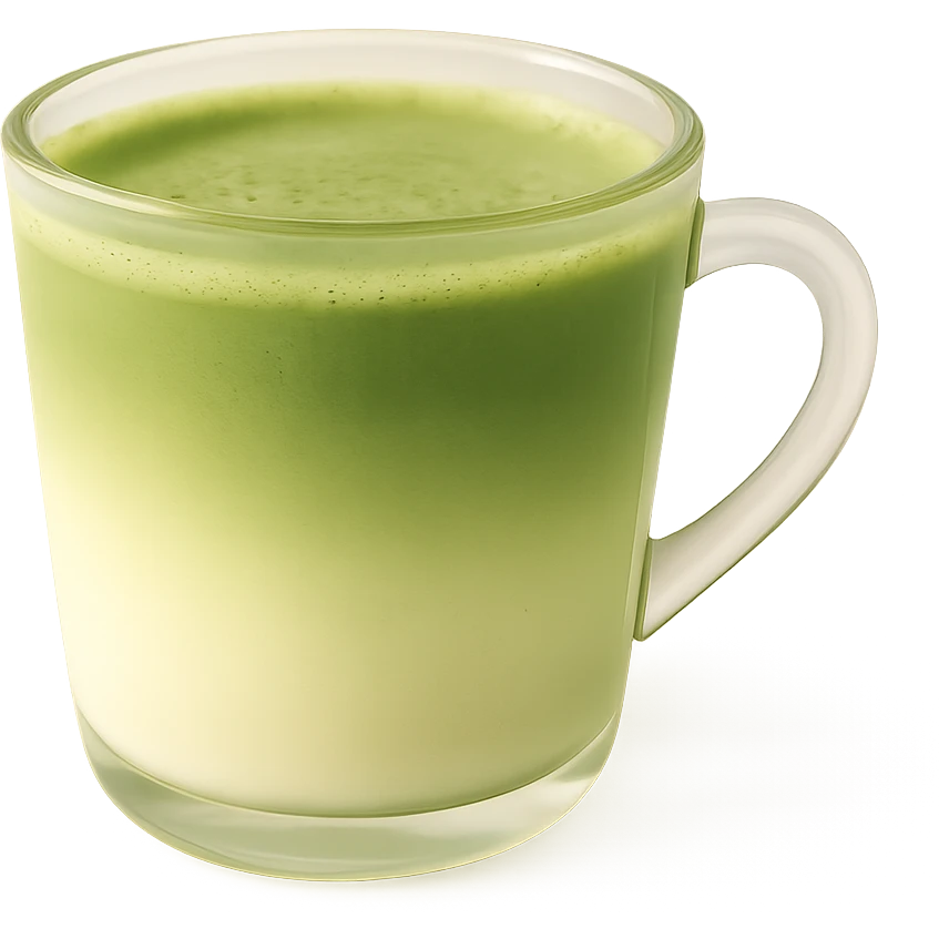 matcha latte in a transparent cup, charming gradient from green to creamy milk, soft and dreamy atmosphere emoji