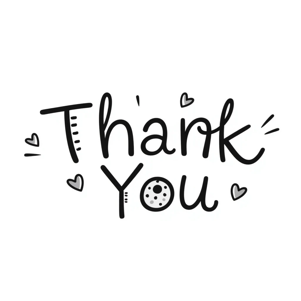 hand drawn 'Thank You' text with hearts and playful accents, doodle style emoji