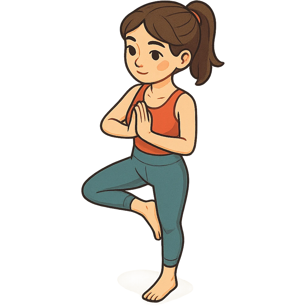 girl in cute yoga outfit performing tree pose (Vrikshasana), 2D isometric style, very detailed facial features, elongated body, many shadows and highlights, clean contours, soft lighting, transparent background emoji
