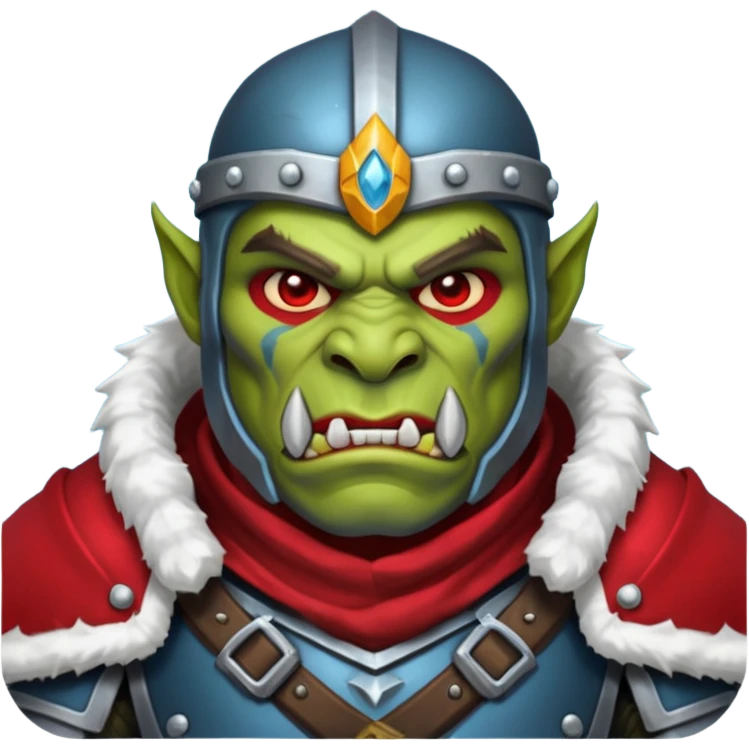 Fantasy Christmas orc legion soldier icon, iron tundra army theme, heavy winter armor, disciplined brutal look, dark icy steel armor with bold crimson cloth and markings, cold blue shadows, high contrast, clean emoji portrait style
 emoji