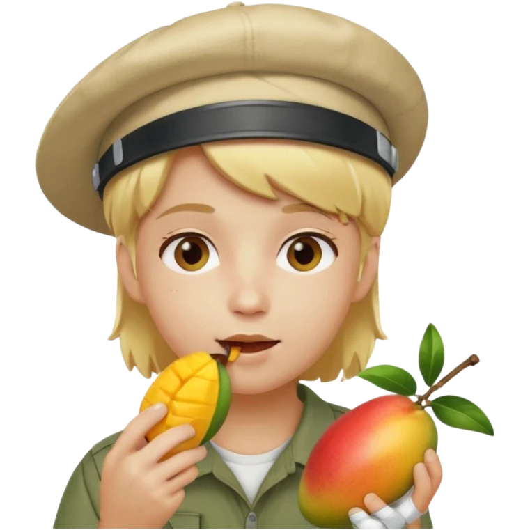 make a 67 mason eating mango name river but make him have blonde hair and a visor emoji