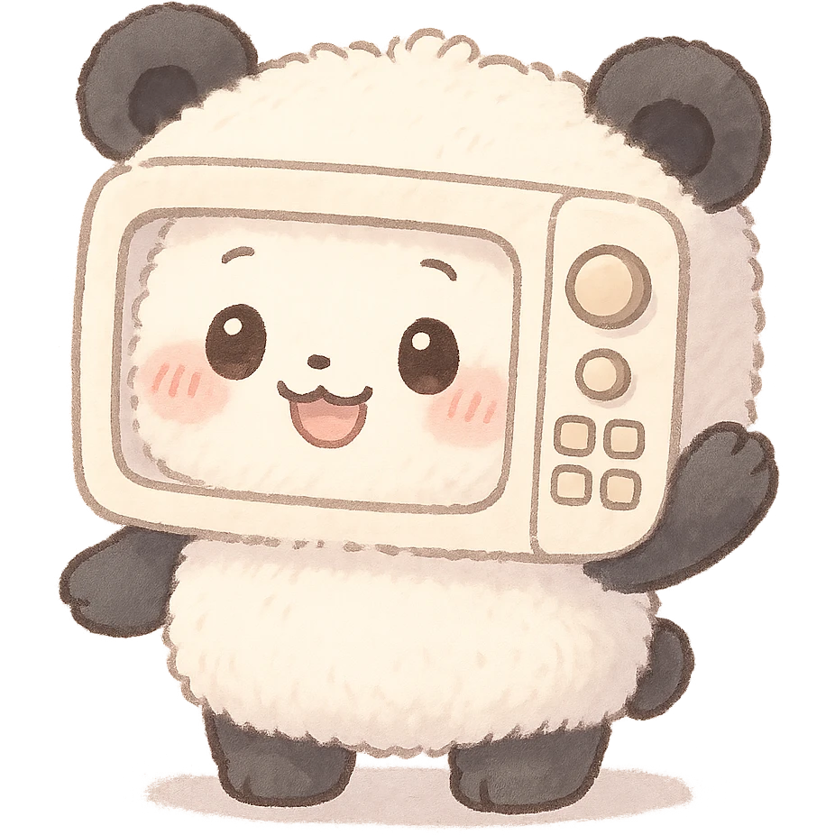 chibi style microwave oven transformed into a soft fluffy panda, blushing and waving happily, soft pastel colors, full-body emoji