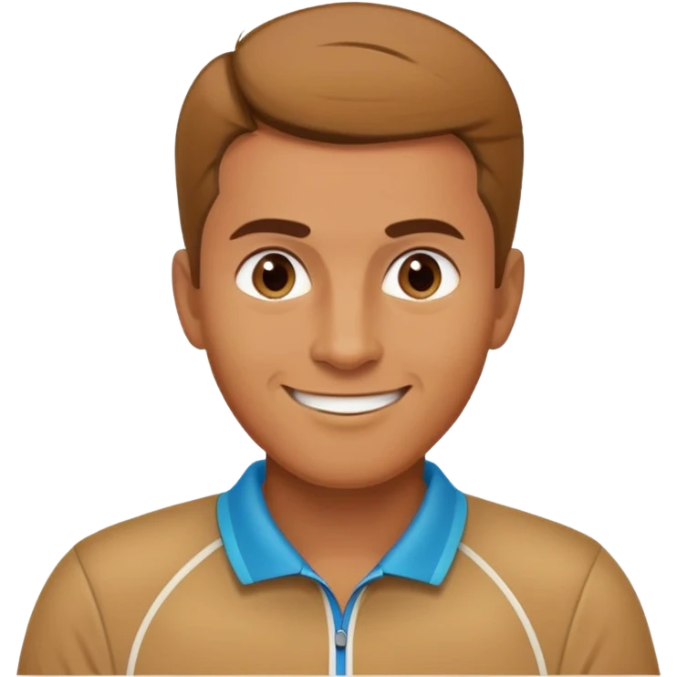 caramel brown Chindian male tennis coach, short straight hair with widow's peak, oval face, small eyes, smiling emoji