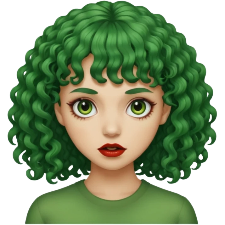 crie uma mulher, vibe total terror, mas ela com cabelo cacheado e franja, e pele verde emoji