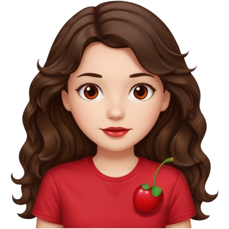 Brunette girl with long wavy hai length hair and blush, wearing cherry red tshirt emoji