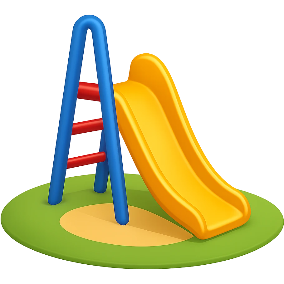 Use the reference image as a base. Remove the tree and background, keeping only the round playground floor as shown. Use colorful colors. Include only one slide. Minimize the frame structure as much as possible. The style should resemble emoji style with no background. emoji