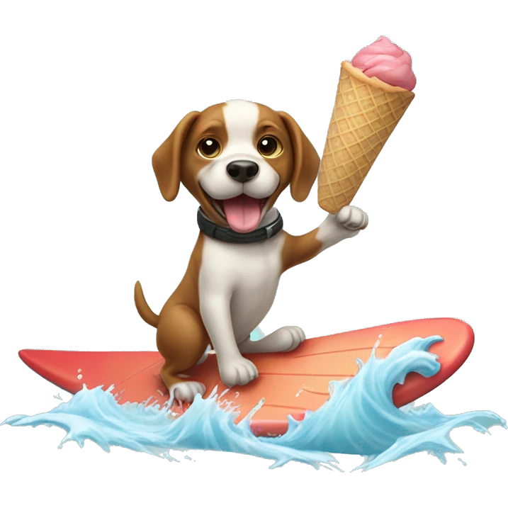 Dog surfing with ice cream cone while catching a fish emoji