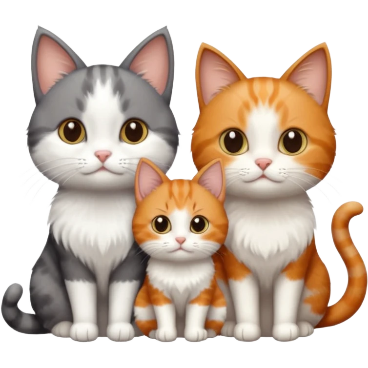 3 different coloured tiny short haired cats, including a dark grey and white cat, a ginger and white and a brown tabby and white emoji
