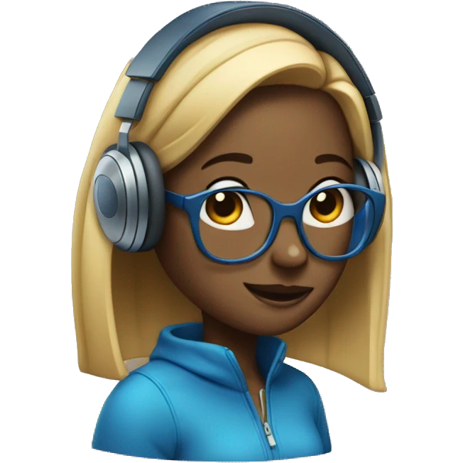 Blue head girl with straight hair and big glasses and headphones emoji