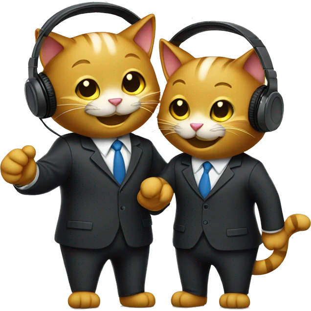 Two happy cats, shaking hands in suits with headphones on.   emoji