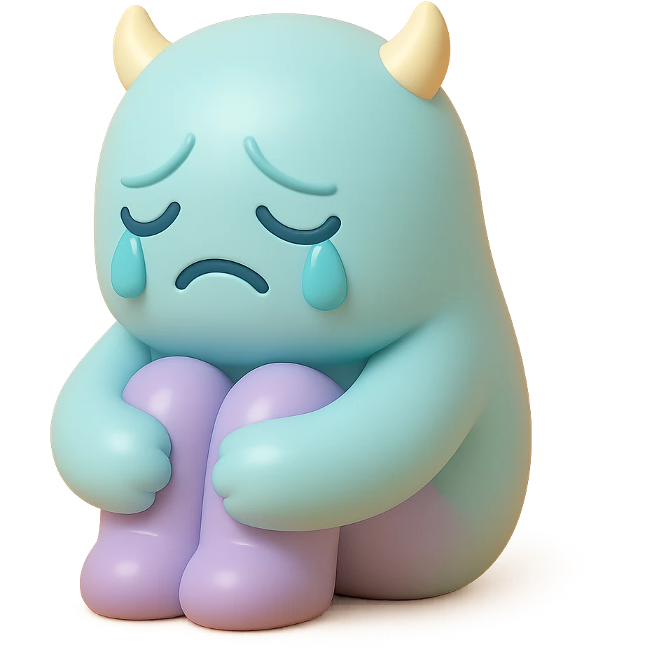 sad monster sitting with its knees up, crying, small horns, pastel color palette, no background, vinyl figure style emoji