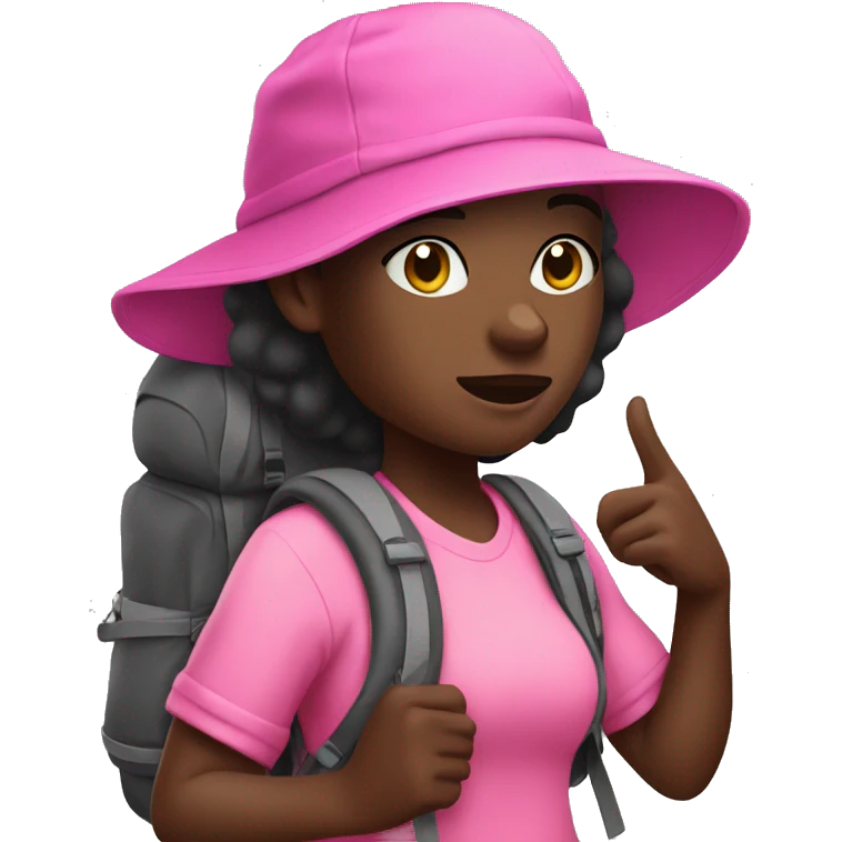 Dark skinned black girl hiking with pink bucket hat and wearing backpack emoji