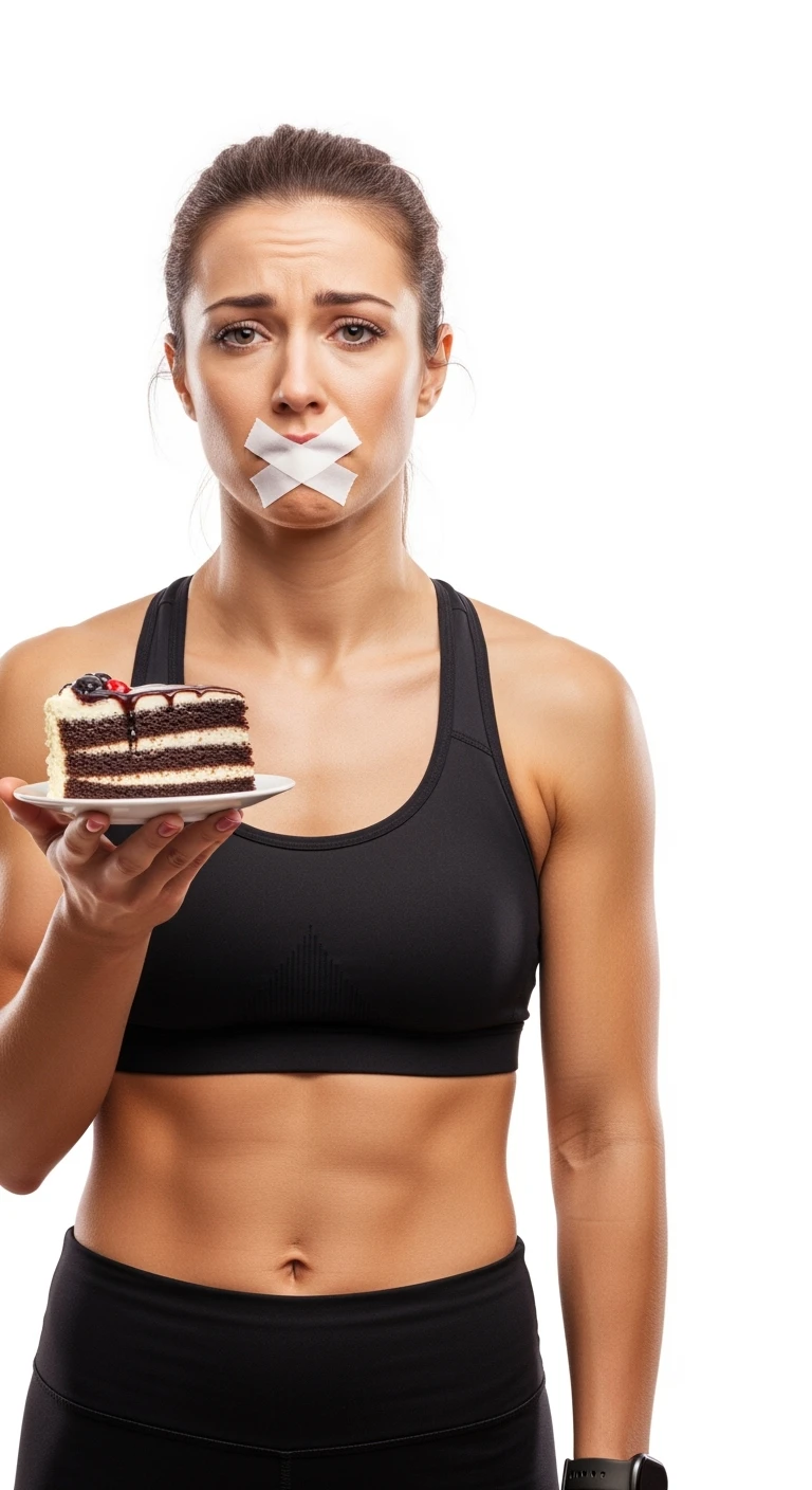 donna fitness con una fetta di torta in mano ed espressione molto triste e stanca, scotch a croce sulla bocca, sfondo bianco emoji