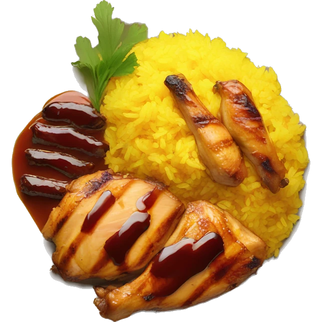 A plate of yellow rice with grilled chicken and bbq sauce on top emoji