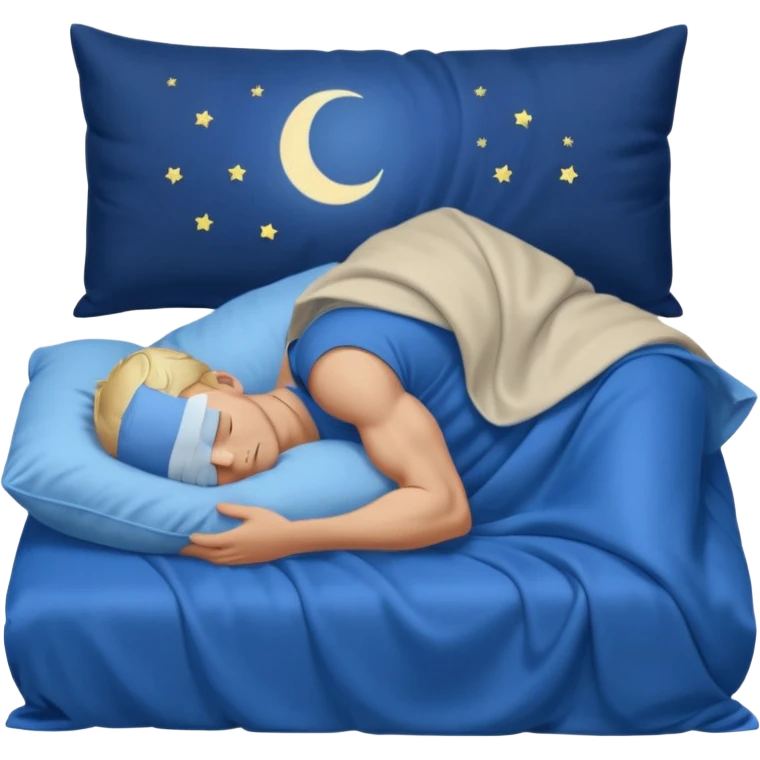A young muscular male with short dark-blonde hair and medium-light skin, wearing blue cloth. He sleeps on his side, holding a soft white pillow, his head on a smooth blue pillow. A sleeping symbol floats above him in the dark, nighttime scene. A flowing blue blanket with silky folds covers him. emoji