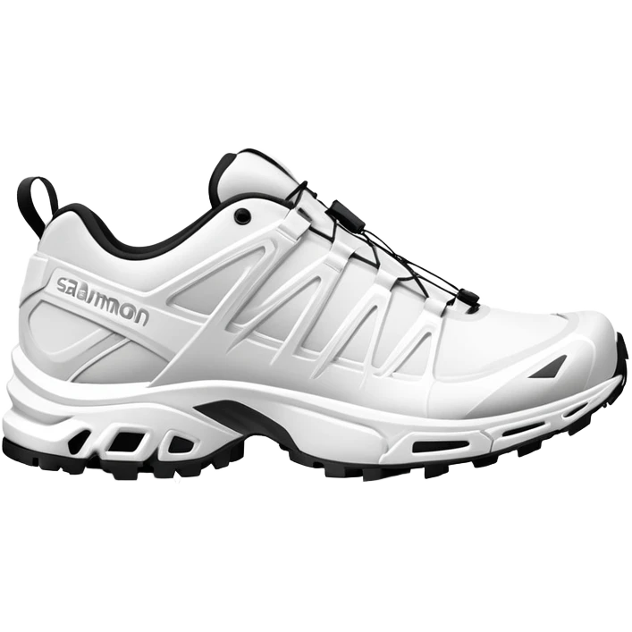 Completely all-white Salomon XT-6 shoes with no colored details whatsoever, one positioned behind the other, pure white minimalist design, iOS emoji style emoji