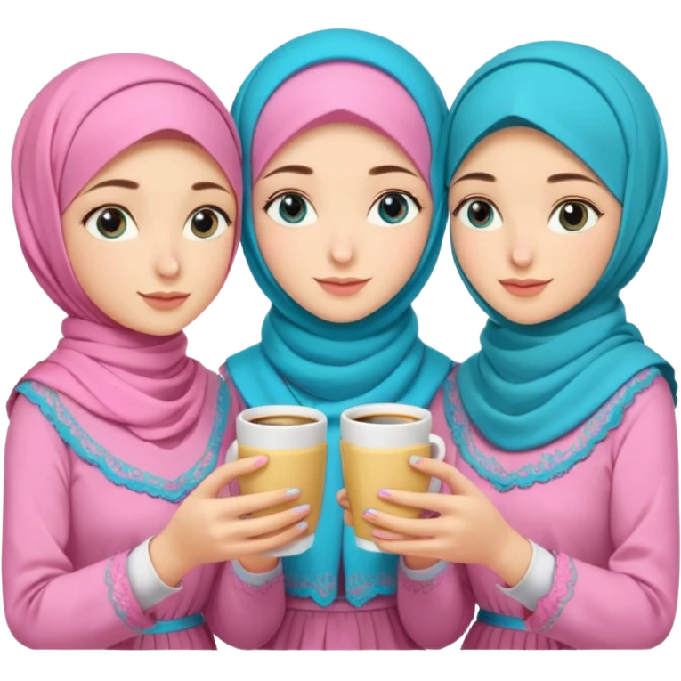 Turkish beautiful finish Konya three girls (friends) blue eyes with pink rose and turkis butter yellow hijab islamic dress and had on her hand turkish coffee   emoji