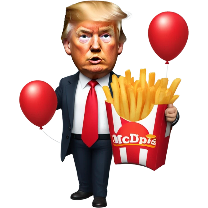 Trump holding McDonald’s French fries and holding a knife in the other hand with a red balloon emoji