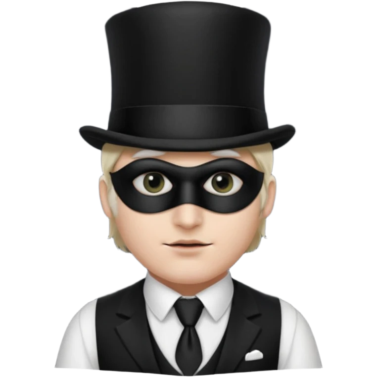A man with white skin, a black half mask with an eye hole, a black top hat, a black vest with a black tie tucked underneath, and a white collared shirt emoji
