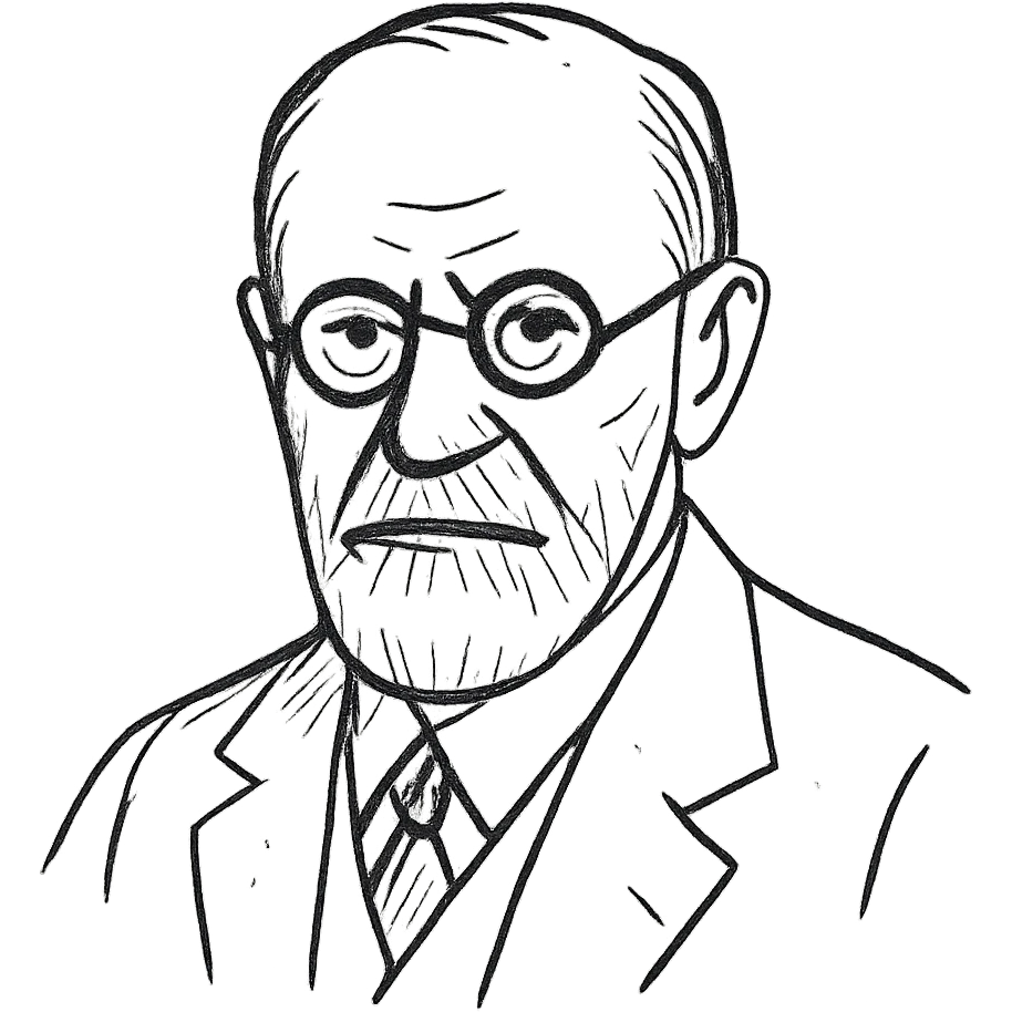 a hand drawn black outline portrait of Sigmund Freud with similar-sized eyes based a famous portrait of him emoji
